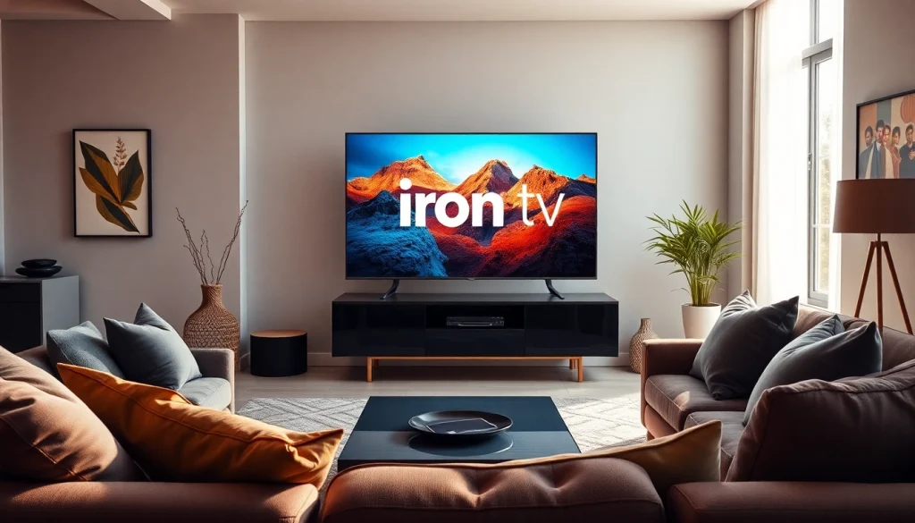 A vibrant "iron tv" content displayed on a sleek television in a modern living room.