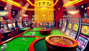 An engaging gambling scene with KJC AC branding, showcasing poker tables, roulette wheels, and slot machines.