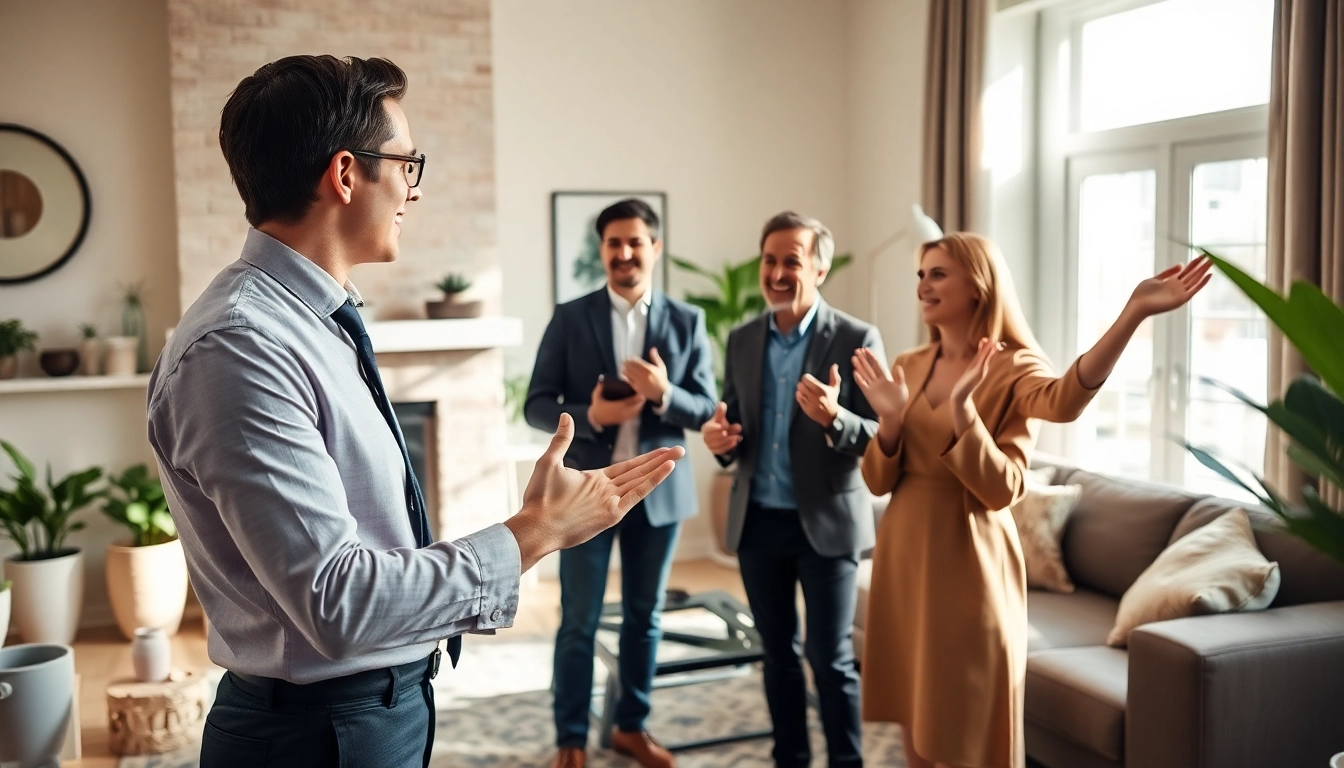 Engaging real estate agent showcasing a home to a couple in a bright living room.