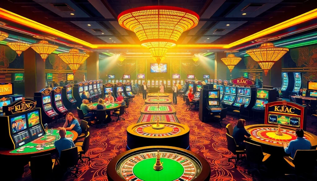 A lively KJC AC casino scene showcasing roulette, slots, and poker tables.