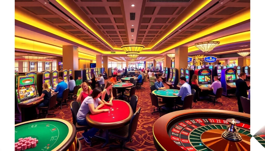 Casino atmosphere at KJC AC with players at tables, slot machines, and roulette for an exciting experience.