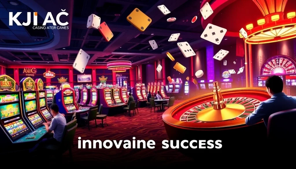 KJC AC casino gaming scene featuring roulette wheels, poker chips, and players enjoying exciting games.