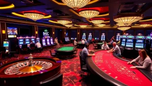 A lively casino scene at KJC AC showcasing roulette wheels and poker tables for thrilling gambling experiences.