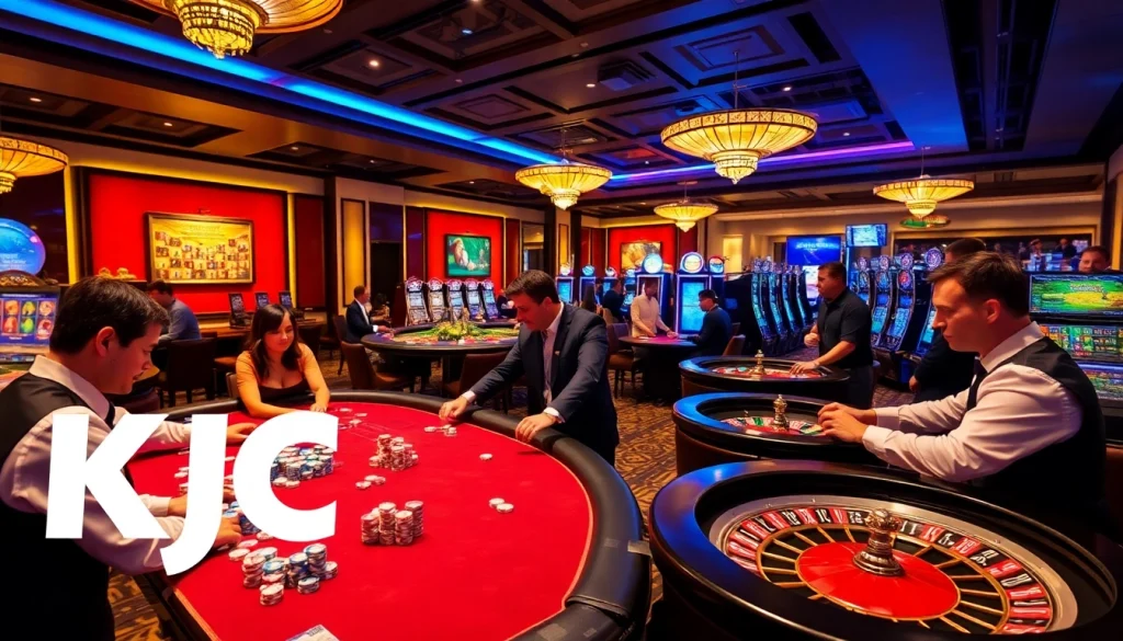 KJC AC casino featuring dynamic table games, exciting slots, and vibrant poker chips in an engaging atmosphere.