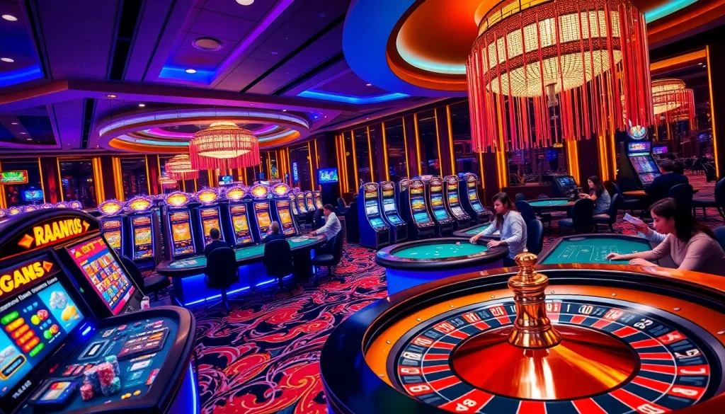 A bustling casino environment showcasing games at KJC AC with roulette wheels, poker tables, and vibrant slot machines.