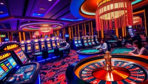 A bustling casino environment showcasing games at KJC AC with roulette wheels, poker tables, and vibrant slot machines.