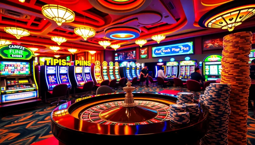 A lively gambling scene at KJC AC showcasing roulette tables and slot machines.
