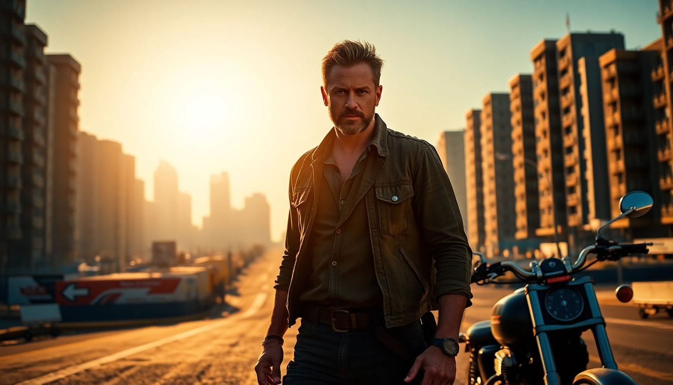 Heroic figure poised like Jack Reacher against a dynamic city backdrop, reflecting determination.