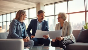 Couple consulting a financial advisor about life insurance options in a modern office setting.