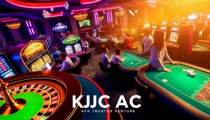 KJC AC casino scene filled with players at casino tables, showcasing thrilling gambling activities and vibrant atmosphere.