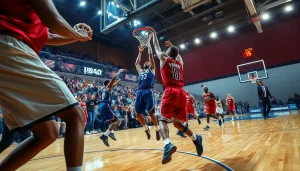 nba중계 하는 농구 경기 현장의 선수들과 관중들이 활기차게 응원하는 모습