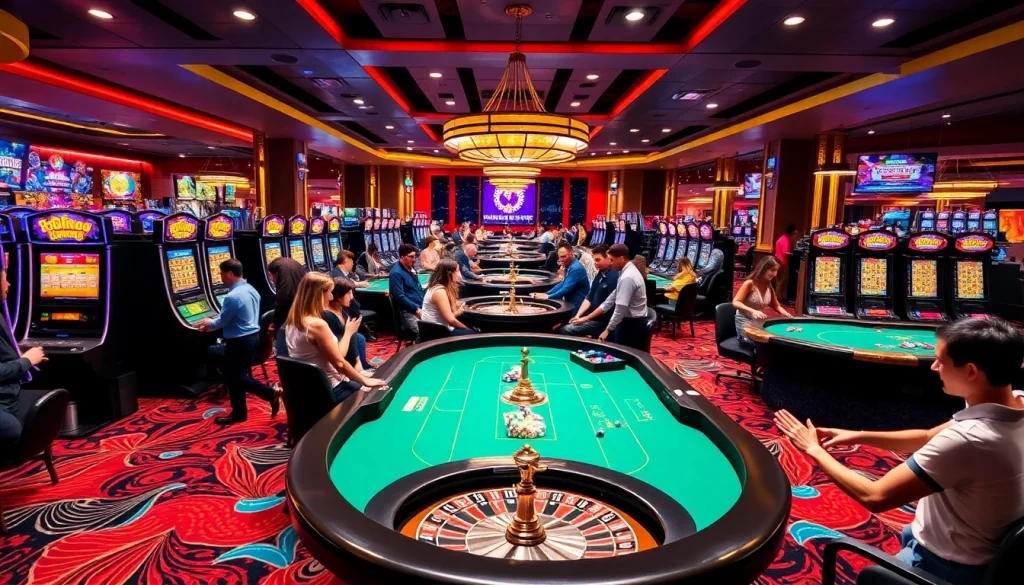 KJC AC casino floor filled with poker tables, slot machines, and colorful poker chips creating an exciting gambling environment.