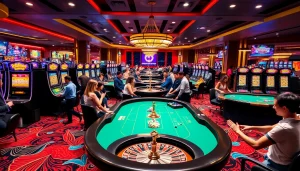 KJC AC casino floor filled with poker tables, slot machines, and colorful poker chips creating an exciting gambling environment.