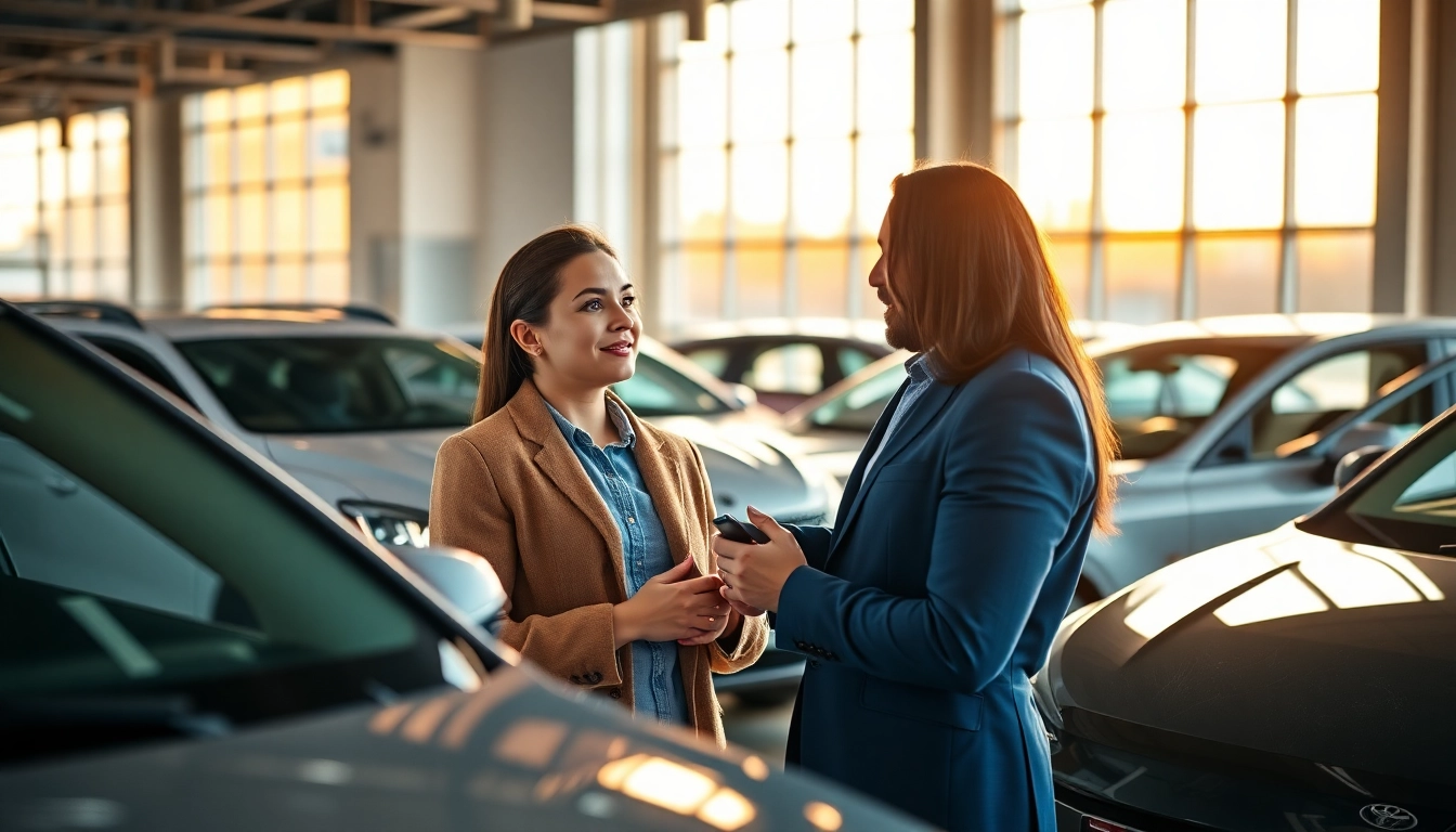 Couple exploring options to Buy a car in a modern dealership with various models.