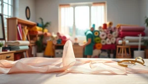 Mousseline stof met een zachte textuur op een stijlvolle naaitafel in een lichtgevend atelier.