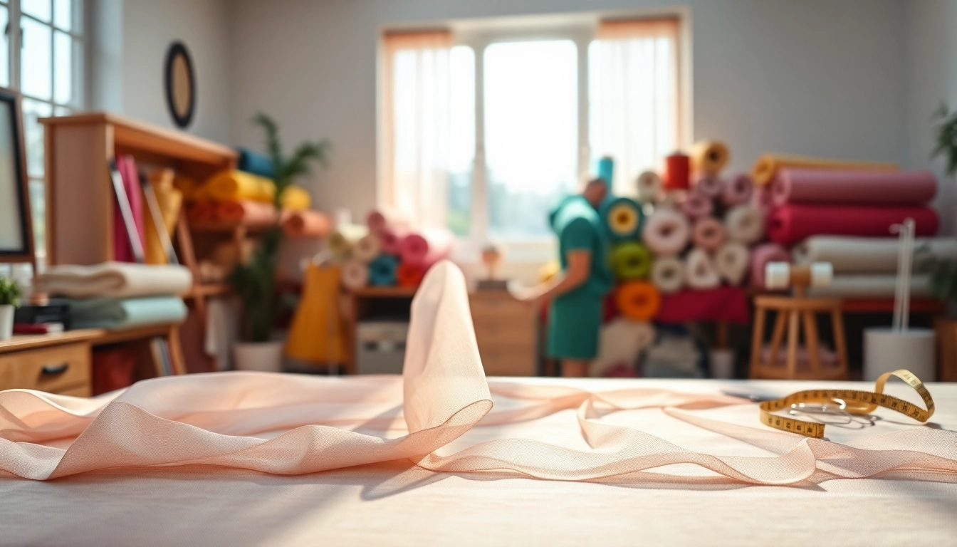 Mousseline stof met een zachte textuur op een stijlvolle naaitafel in een lichtgevend atelier.