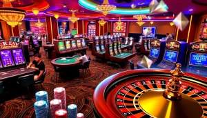 KJC AC casino scene featuring lively games, poker chips, and roulette tables.