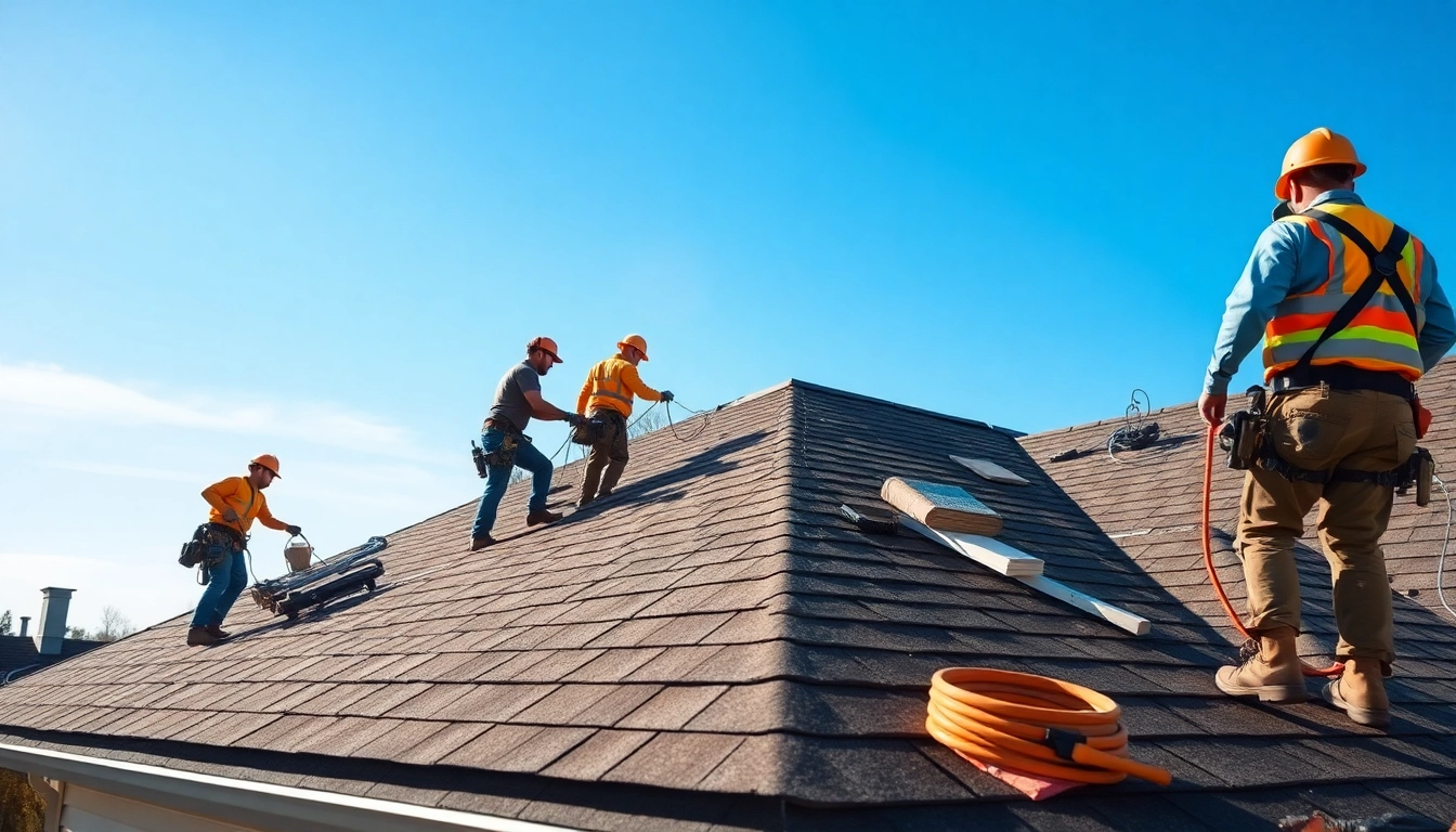 Professional roofing services showcasing skilled technicians replacing a rooftop.