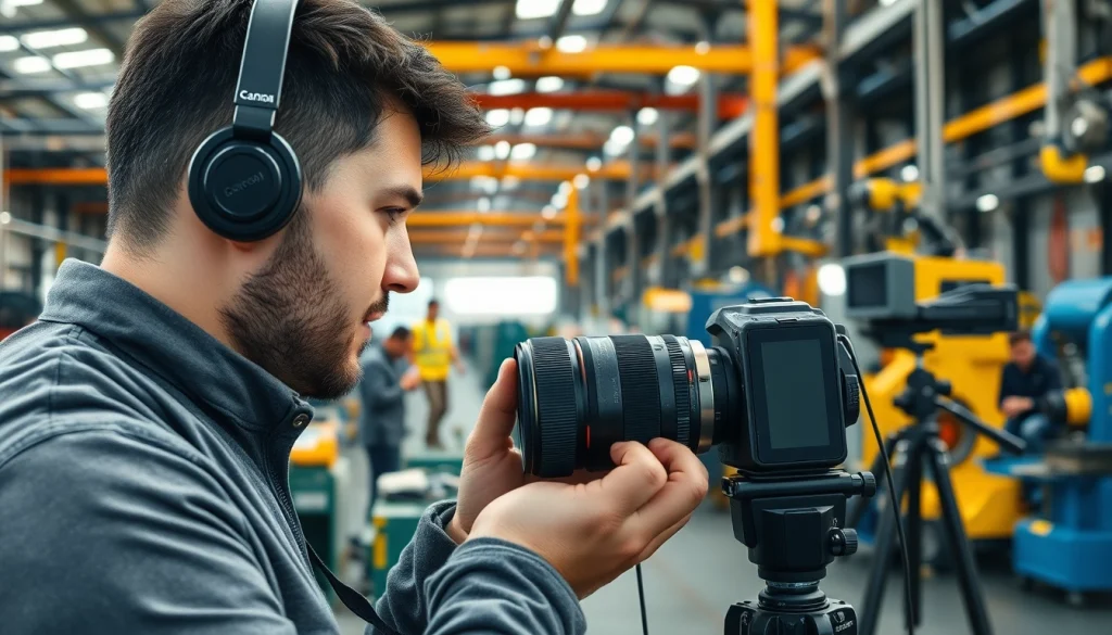 Il fotografo industriale che cattura dettagli in un ambiente di lavoro dinamico e professionale.
