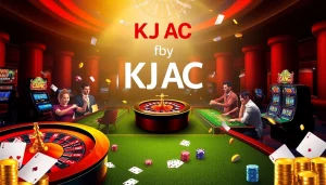 A vibrant casino scene featuring poker tables and a roulette wheel at KJC AC.