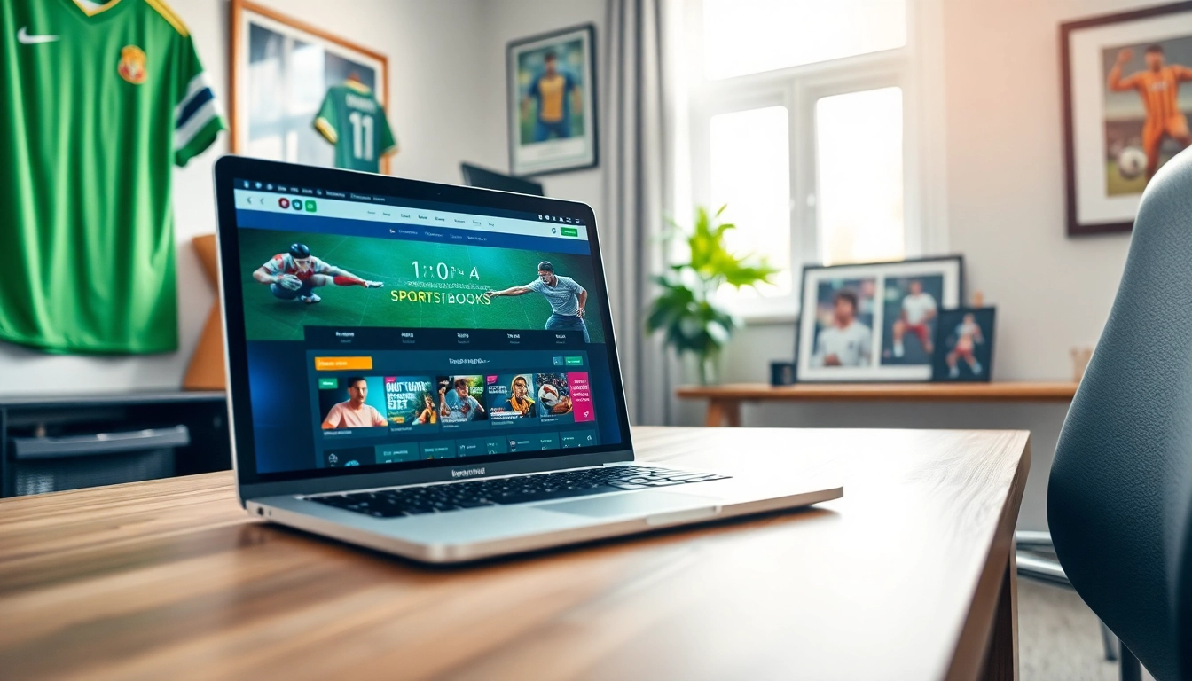 Explore online sportsbooks India with a sleek laptop in a vibrant, welcoming sports betting office setting.