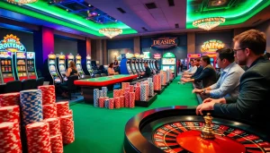 Exciting gambling scene at KJC AC with poker chips, tables, and slot machines.