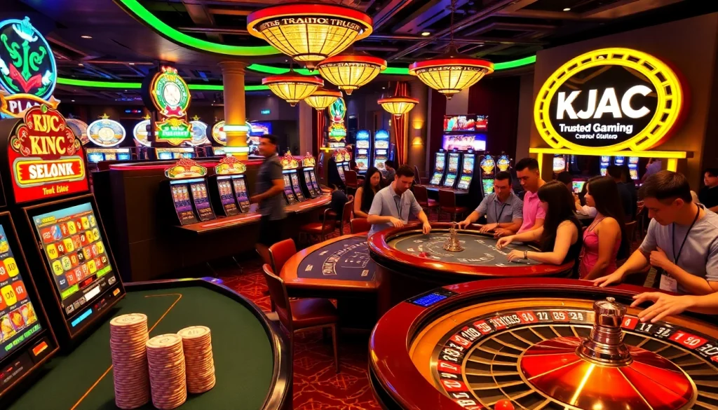 A captivating casino atmosphere showcasing KJC AC with vibrant slot machines and poker tables.