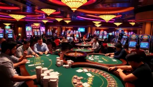Casino scene showcasing the lively atmosphere at KJC AC with poker tables, roulette wheels, and vibrant slot machines.