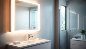 Spiegelschrank led mit heller Beleuchtung in modernem Badezimmer präsentieren.