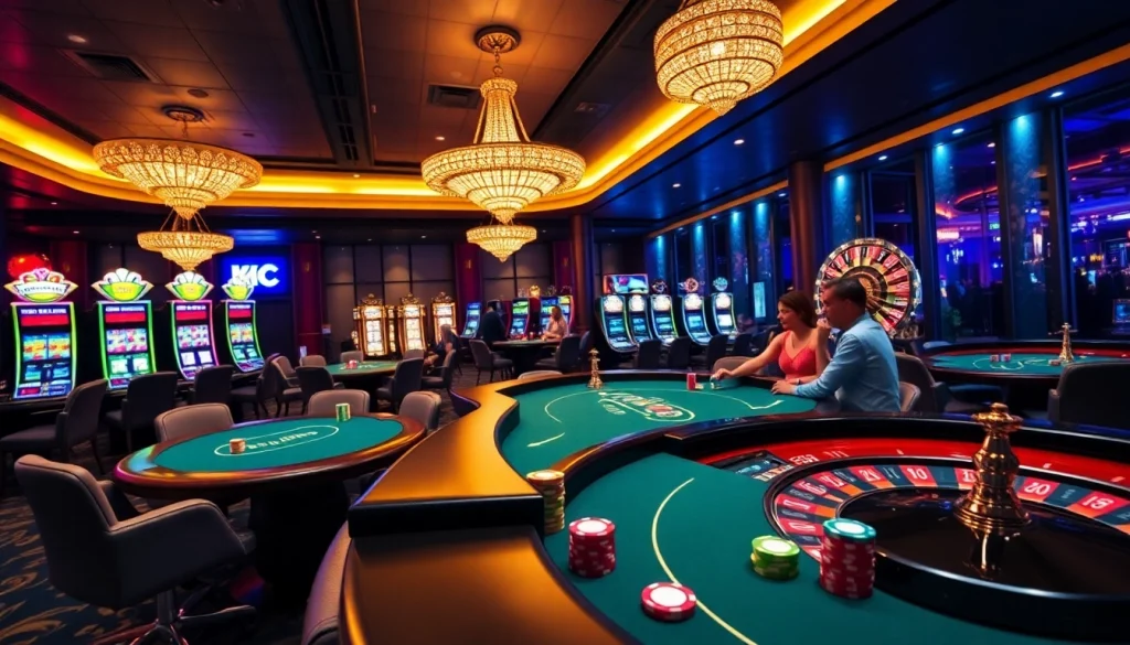 Exciting casino scene at KJC AC showcasing vibrant slot machines, poker tables, and roulette.