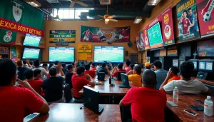 Engaged fans in a vibrant setting of sports betting Mexico atmosphere with live soccer matches.