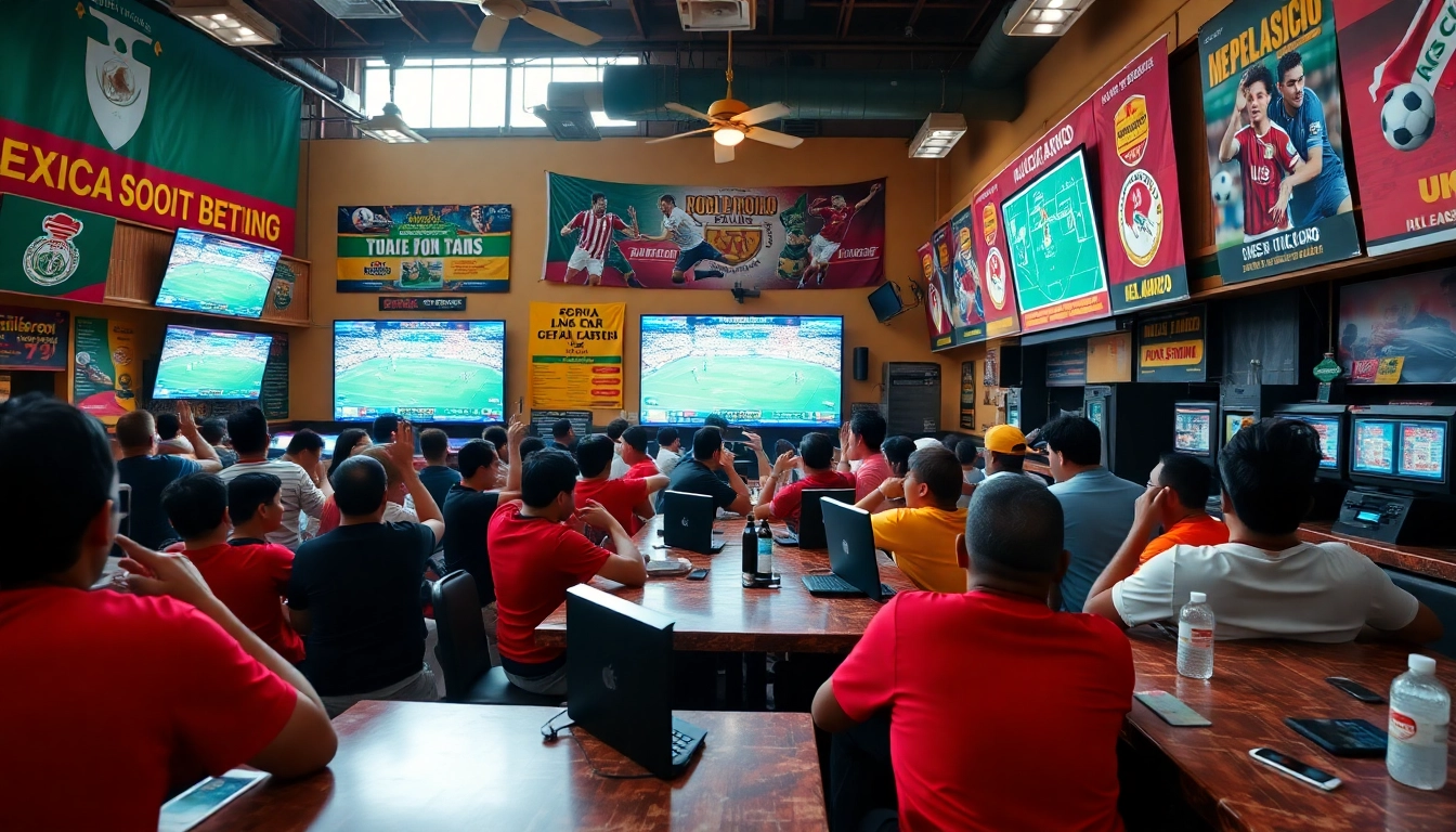 Engaged fans in a vibrant setting of sports betting Mexico atmosphere with live soccer matches.