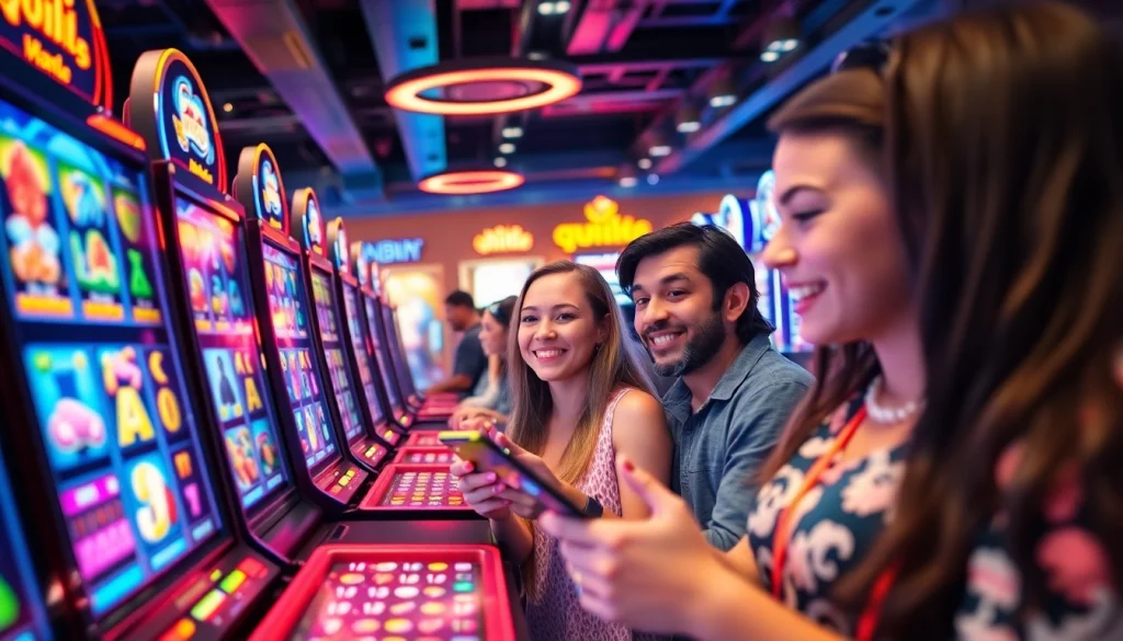 Kode4d slot players excitedly engaging with vibrant digital slot machines