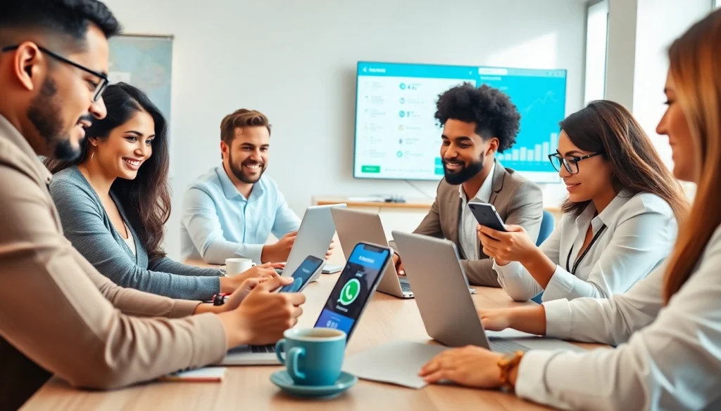 Streamlined office environment demonstrating WhatsApp Business CRM interaction with diverse professionals.