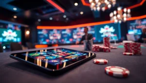 Engaging online casino Canada gaming table with vibrant chips and a virtual dealer.