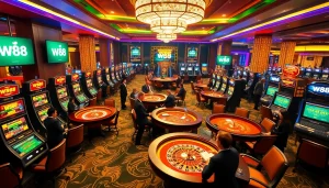 Experience thrilling gambling action at a sophisticated casino with the W88 link displayed prominently.