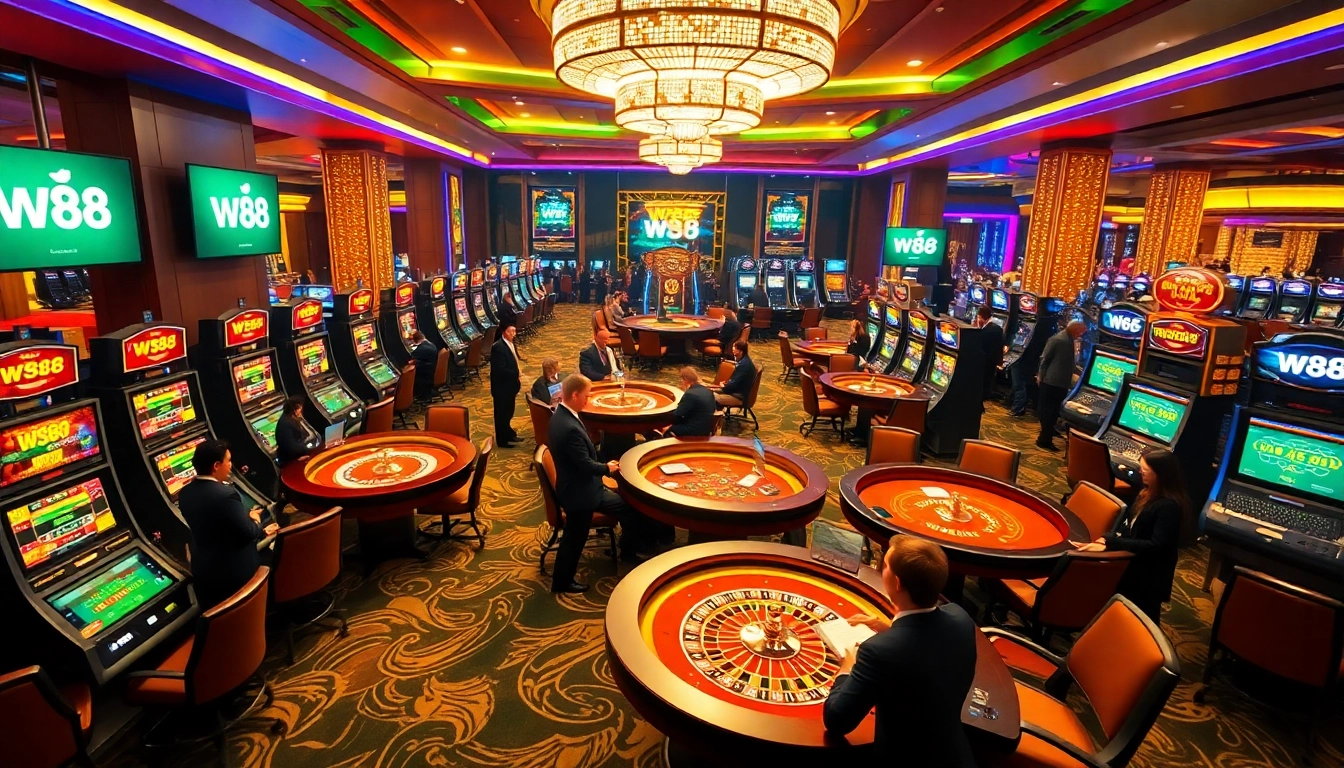 Experience thrilling gambling action at a sophisticated casino with the W88 link displayed prominently.