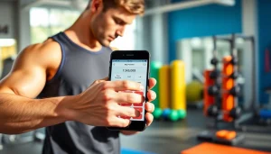 Calculate your body fat percentage calculator using a smartphone in an energetic gym setting.
