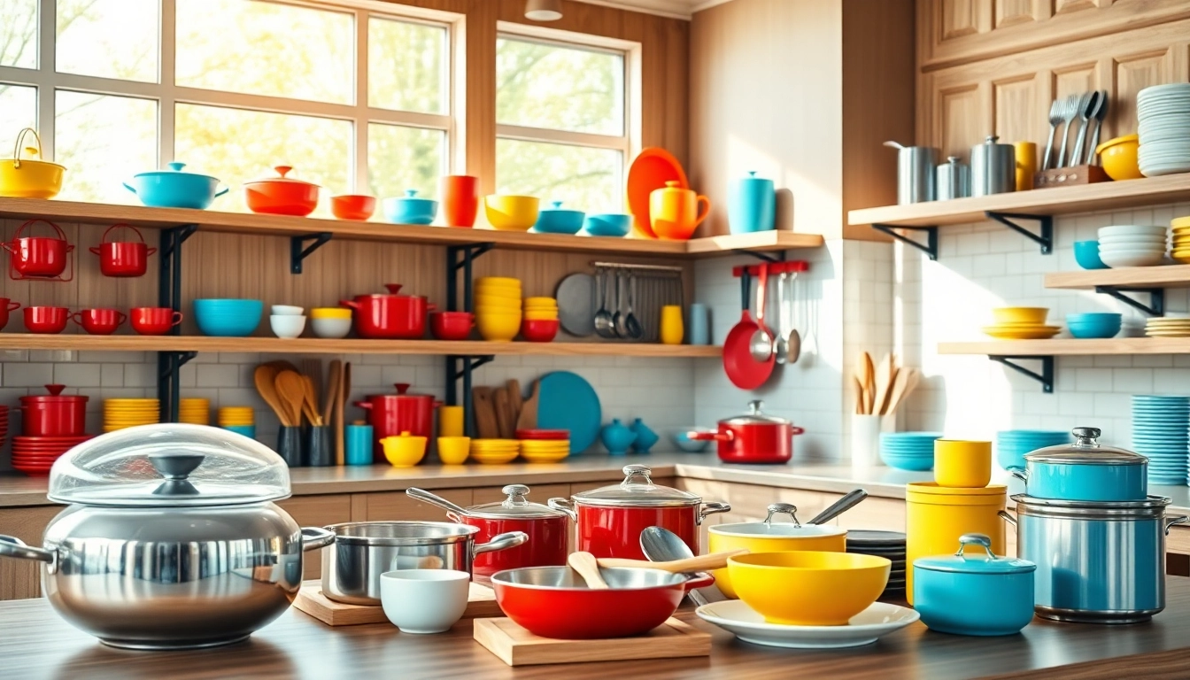 Explore premium kitchenware Auckland collection featuring colorful cookware and utensils.