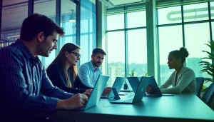 Implementing WhatsApp Business CRM strategies with a collaborative team in a modern office.