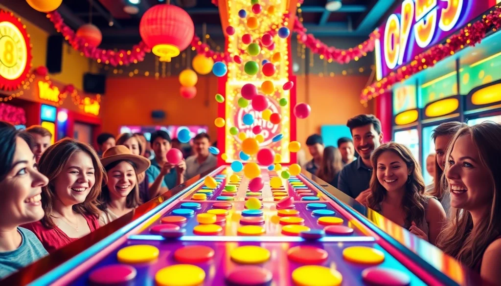 Permainan demo plinko yang menggembirakan dengan pemain bersemangat.