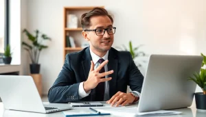 카드현금화 전문가가 상담하고 있는 장면, 따뜻한 조명 아래 진지한 표정으로 관객을 소통.