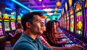 Engaging scene of players at hoki138 pro's vibrant online slot games, showcasing excitement and interaction.