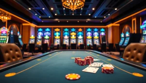 Experience the excitement of gaming with ev88’s lavish online casino setup featuring poker tables and vibrant slot machines.