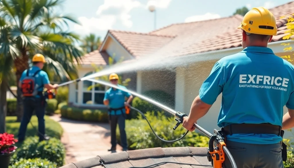 Roof cleaning service team performing eco-friendly cleaning on a residential roof in Kissimmee, FL.