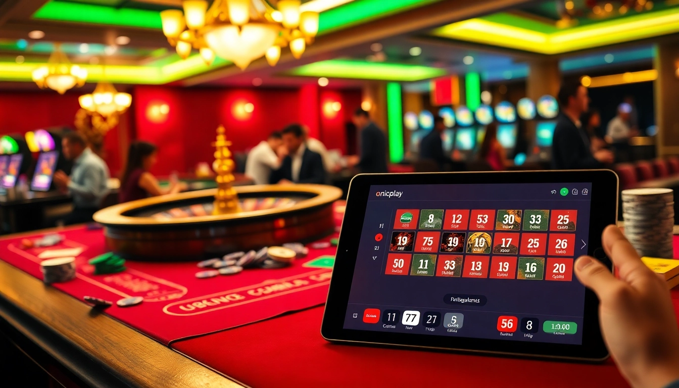 Experience the thrill of onicplay login at a vibrant casino scene with roulette and cards.