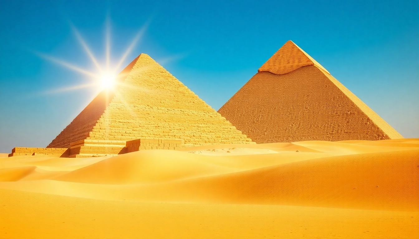 Capture the majesty of https://piraminds.com/ depicting the Great Pyramid of Giza in a vibrant desert scene.