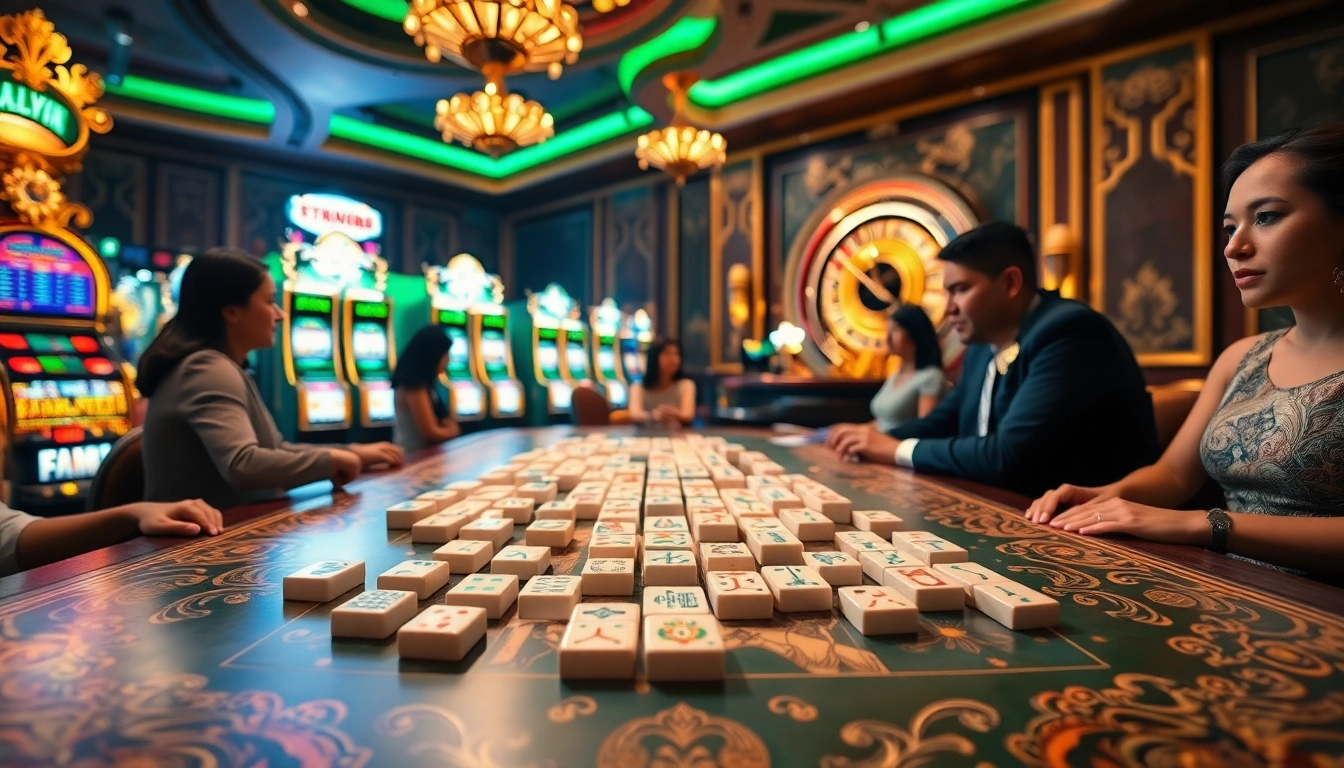 Pemain yang terlibat menikmati permainan link mahjong di kasino mewah dengan ubin berwarna-warni dan dekorasi yang menarik.