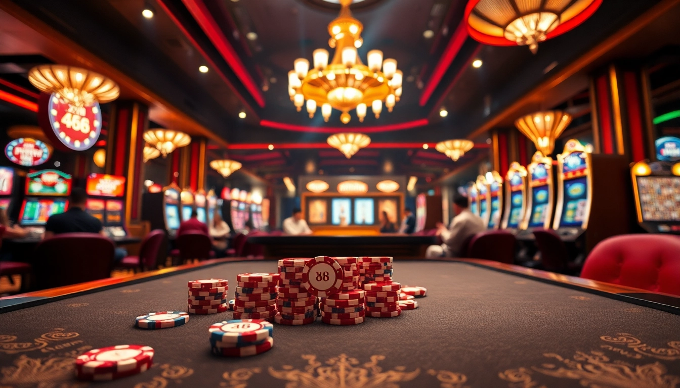 XIN 88 casino scene with vibrant roulette wheel and players engaged in poker.
