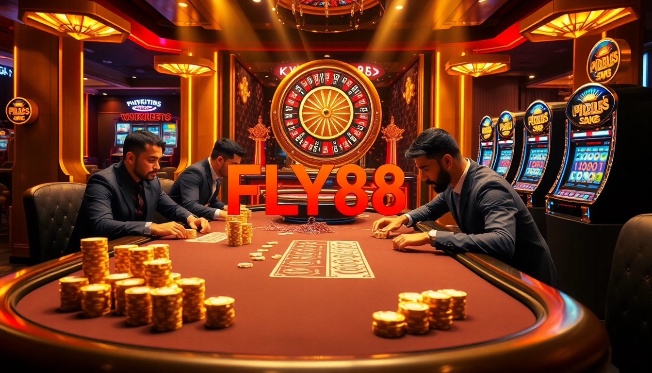 Engaging in high-stakes poker at FLY88 casino, surrounded by excitement and luxury.
